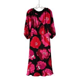 Talbots Black Pink Red Floral Midi Dress Balloon Sleeve Zip Back Size 6 Feminine